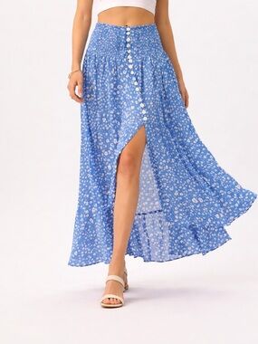 Tiara Hawaii Blue Floral Maxi Skirt O/S Boho Slit Button Front Rayon